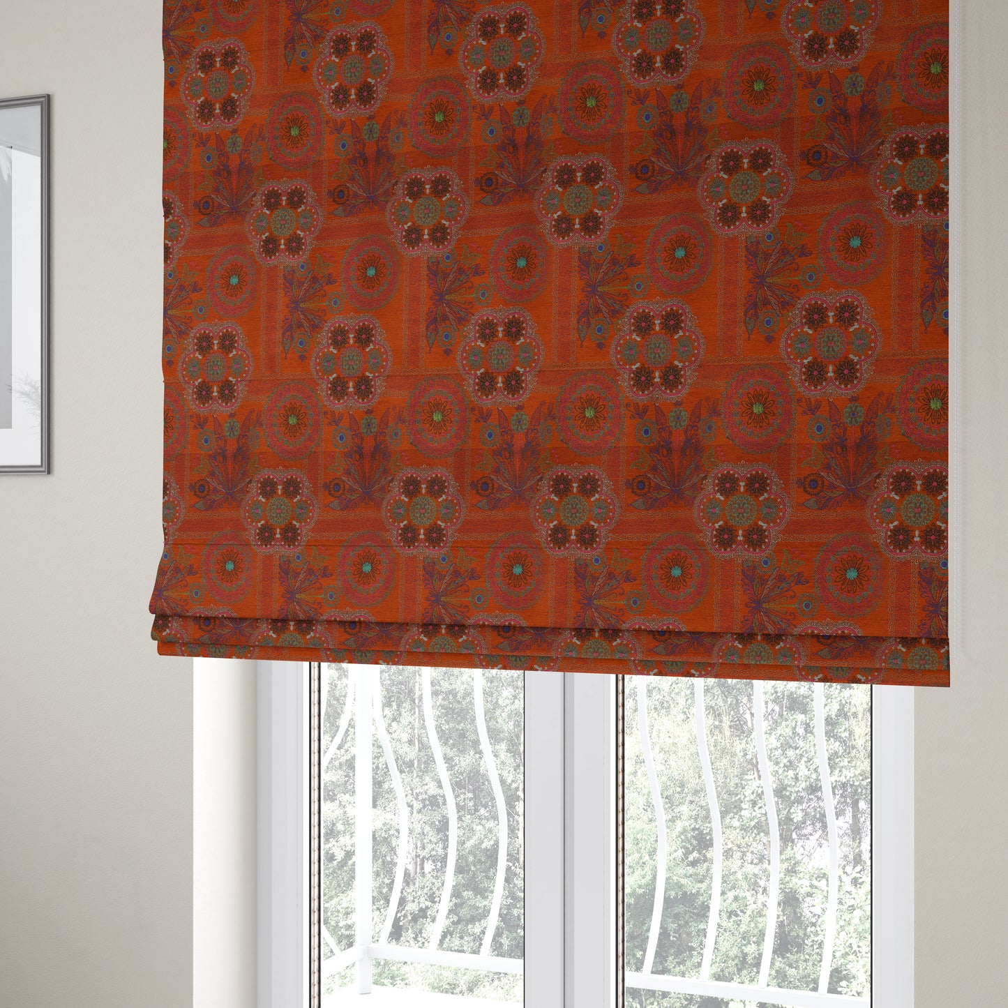 Zamorin Detailed Colourful Weave Patchwork Theme Pattern Orange Multicoloured Chenille Fabric JO-1432 - Roman Blinds