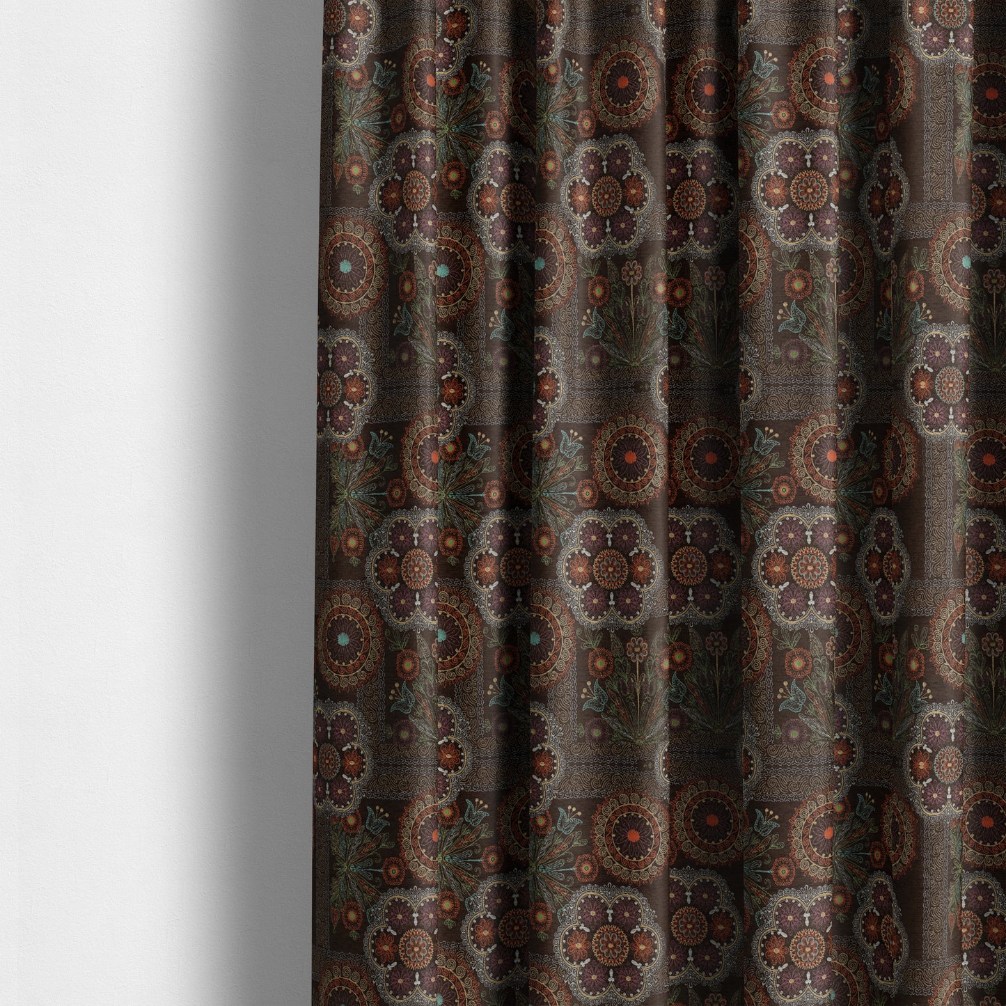 Zamorin Detailed Colourful Weave Patchwork Theme Pattern Brown Multicoloured Chenille Fabric JO-1433 - Made To Measure Curtains