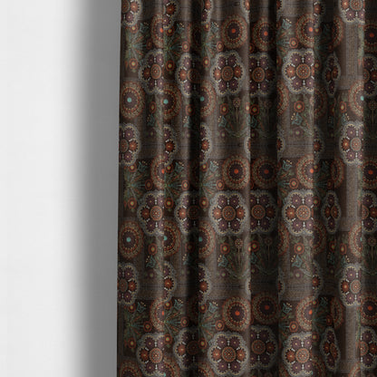 Zamorin Detailed Colourful Weave Patchwork Theme Pattern Brown Multicoloured Chenille Fabric JO-1433 - Made To Measure Curtains