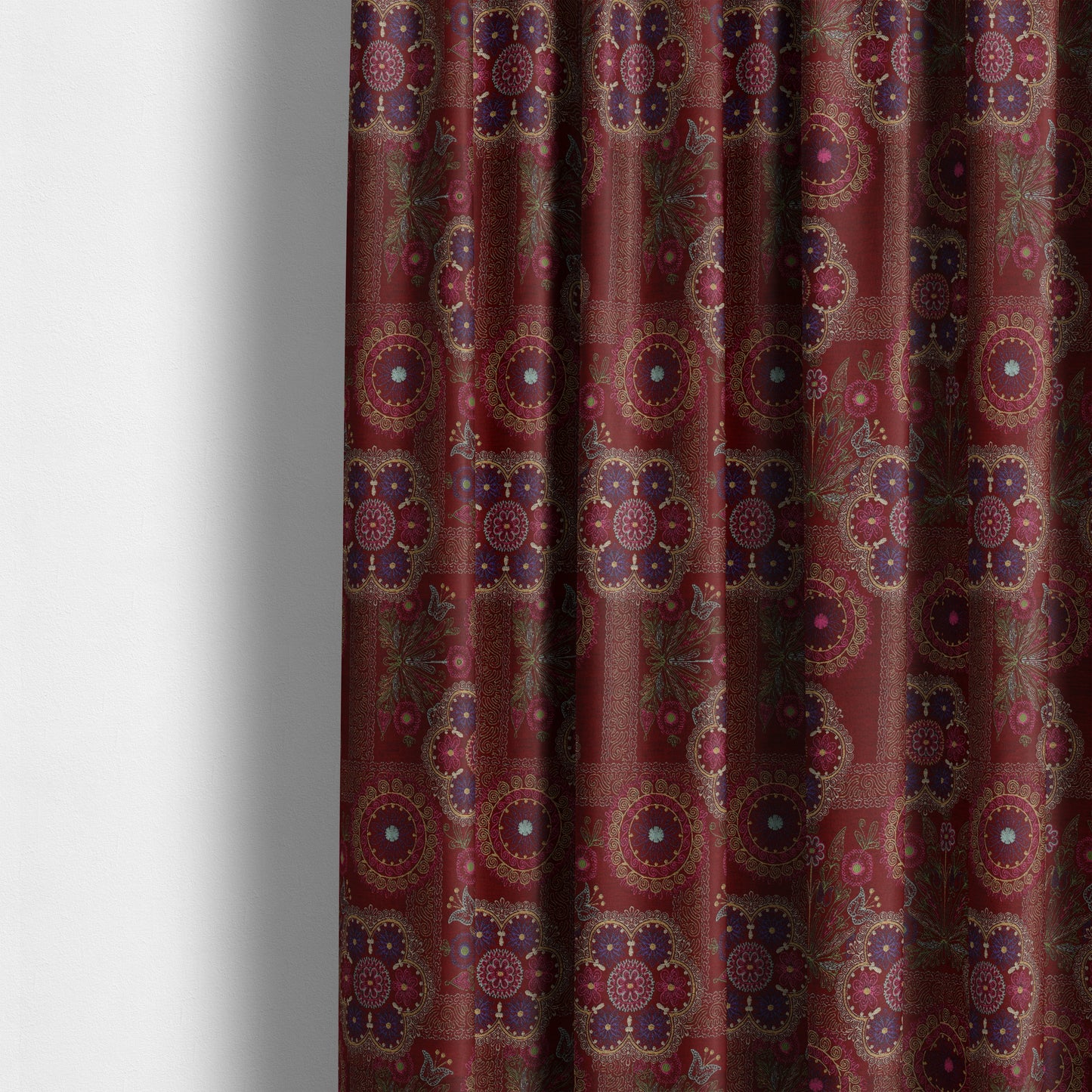 Zamorin Detailed Colourful Weave Patchwork Theme Pattern Red Multicoloured Chenille Fabric JO-1434 - Made To Measure Curtains