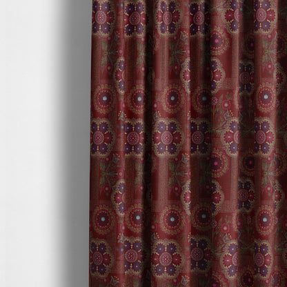 Zamorin Detailed Colourful Weave Patchwork Theme Pattern Red Multicoloured Chenille Fabric JO-1434 - Made To Measure Curtains