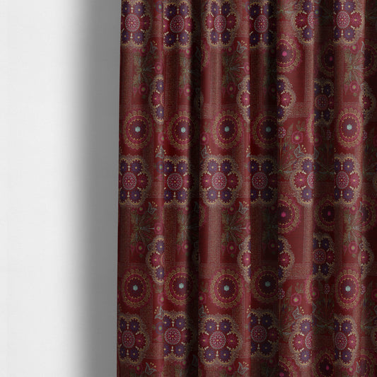 Zamorin Detailed Colourful Weave Patchwork Theme Pattern Red Multicoloured Chenille Fabric JO-1434 - Made To Measure Curtains