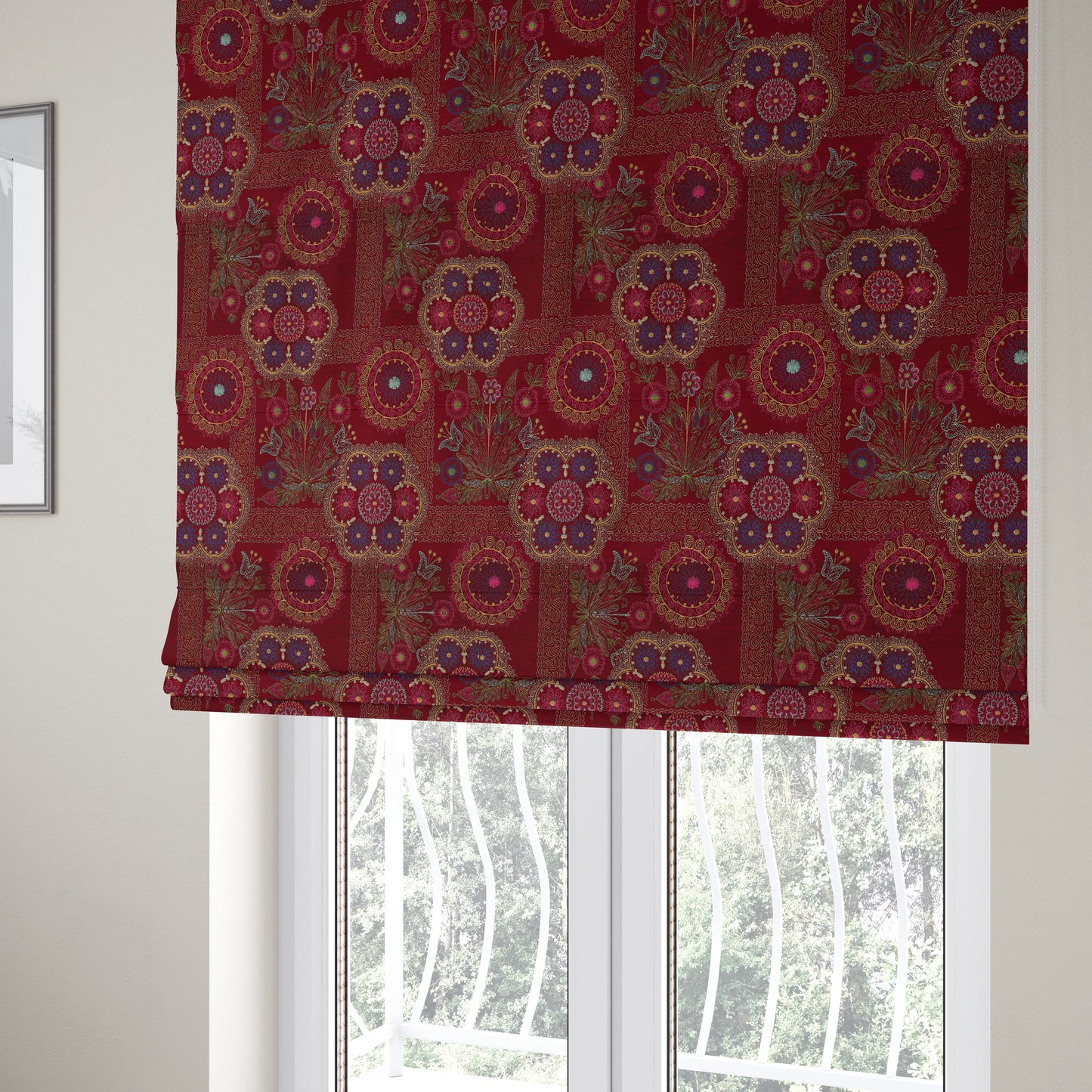 Zamorin Detailed Colourful Weave Patchwork Theme Pattern Red Multicoloured Chenille Fabric JO-1434 - Roman Blinds