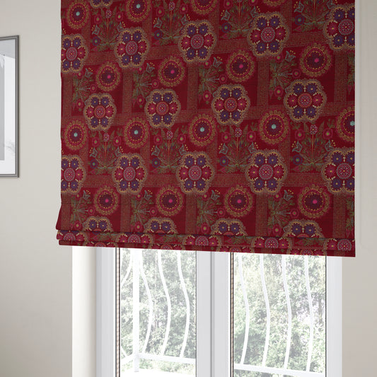 Zamorin Detailed Colourful Weave Patchwork Theme Pattern Red Multicoloured Chenille Fabric JO-1434 - Roman Blinds