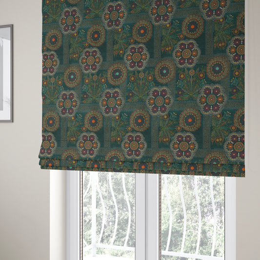 Zamorin Detailed Colourful Weave Patchwork Theme Pattern Teal Blue Multicoloured Chenille Fabric JO-1435 - Roman Blinds