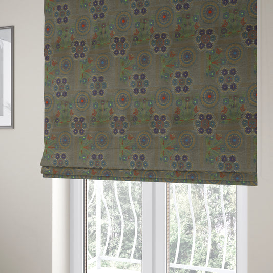 Zamorin Detailed Colourful Weave Patchwork Theme Pattern Grey Multicoloured Chenille Fabric JO-1436 - Roman Blinds