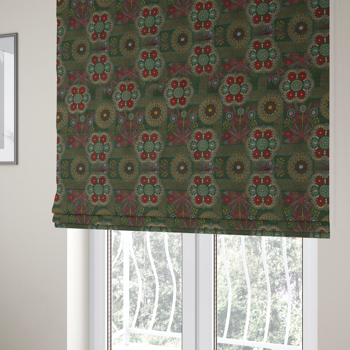 Zamorin Detailed Colourful Weave Patchwork Theme Pattern Green Multicoloured Chenille Fabric JO-1437 - Roman Blinds