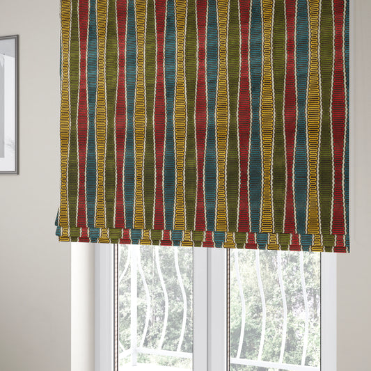 Ziani Designer Eclipsed Striped Pattern In Vibrant Yellow Blue Brown Red Green Colour Velvet Upholstery Fabric JO-144 - Roman Blinds