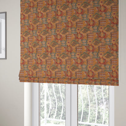 Zoque Kilim Tribal Theme Patchwork Intricate Pattern Golden Orange Colour Chenille Fabric JO-1441 - Roman Blinds