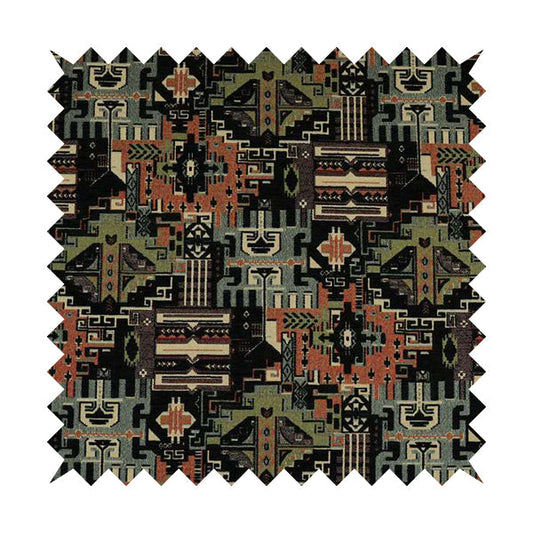 Zoque Kilim Tribal Theme Patchwork Intricate Pattern Black Colour Chenille Fabric JO-1444