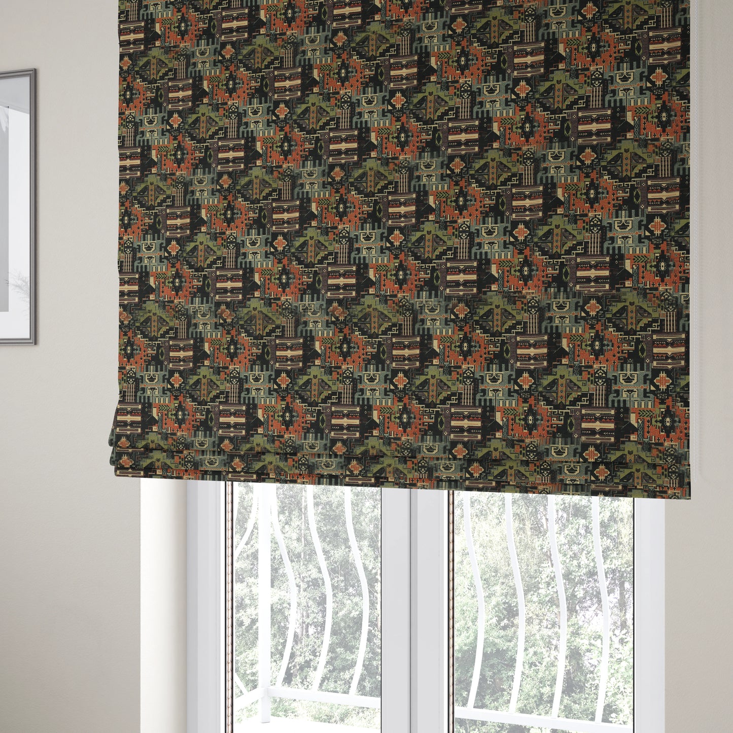 Zoque Kilim Tribal Theme Patchwork Intricate Pattern Black Colour Chenille Fabric JO-1444 - Roman Blinds