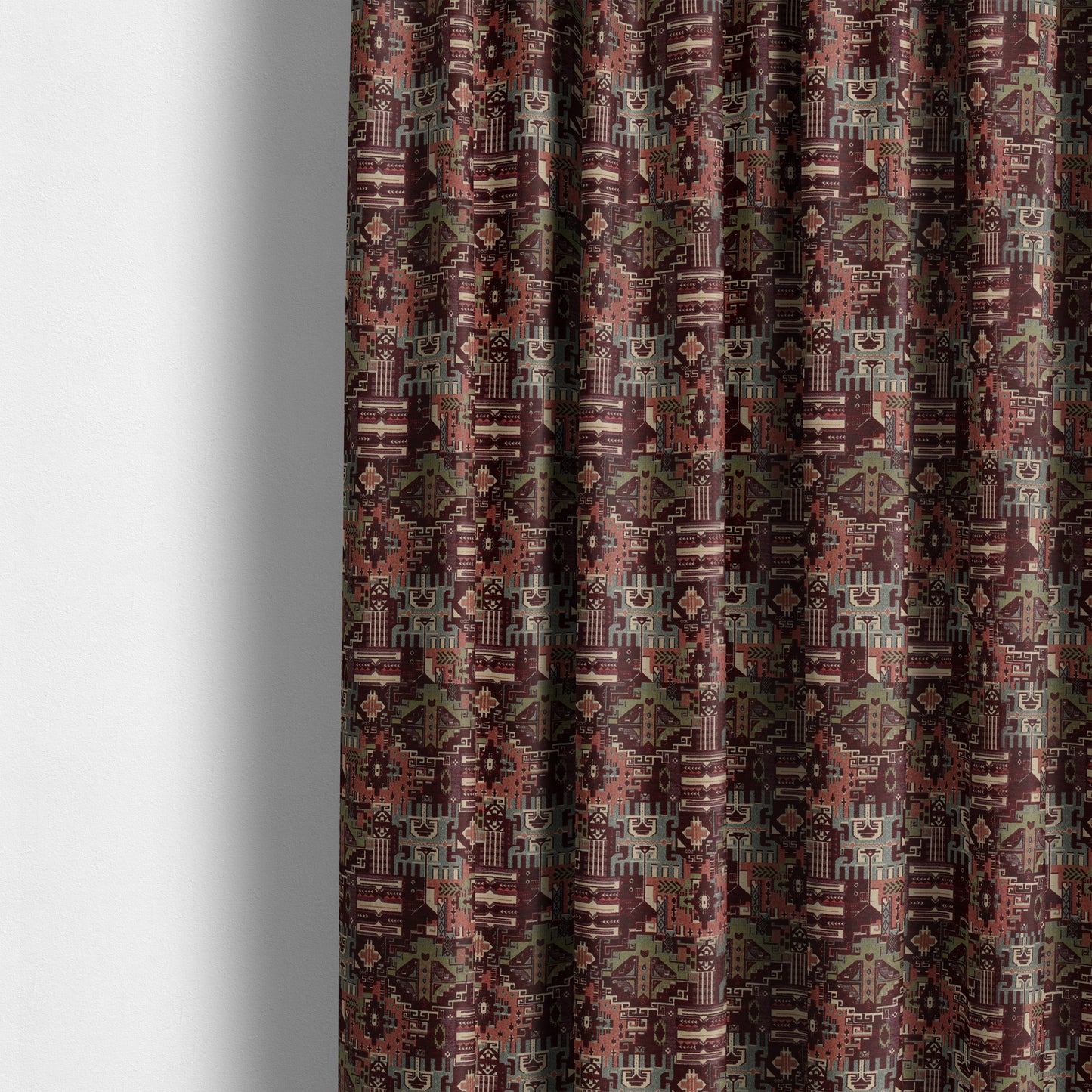 Zoque Kilim Tribal Theme Patchwork Intricate Pattern Burgundy Colour Chenille Fabric JO-1446 - Made To Measure Curtains