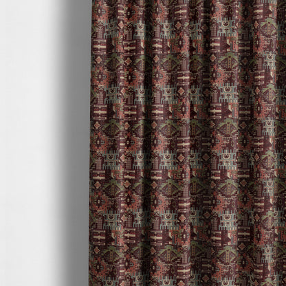 Zoque Kilim Tribal Theme Patchwork Intricate Pattern Burgundy Colour Chenille Fabric JO-1446 - Made To Measure Curtains