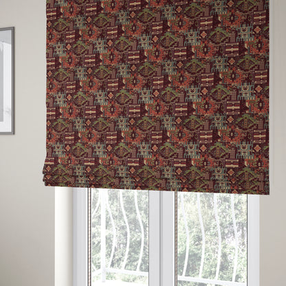 Zoque Kilim Tribal Theme Patchwork Intricate Pattern Burgundy Colour Chenille Fabric JO-1446 - Roman Blinds