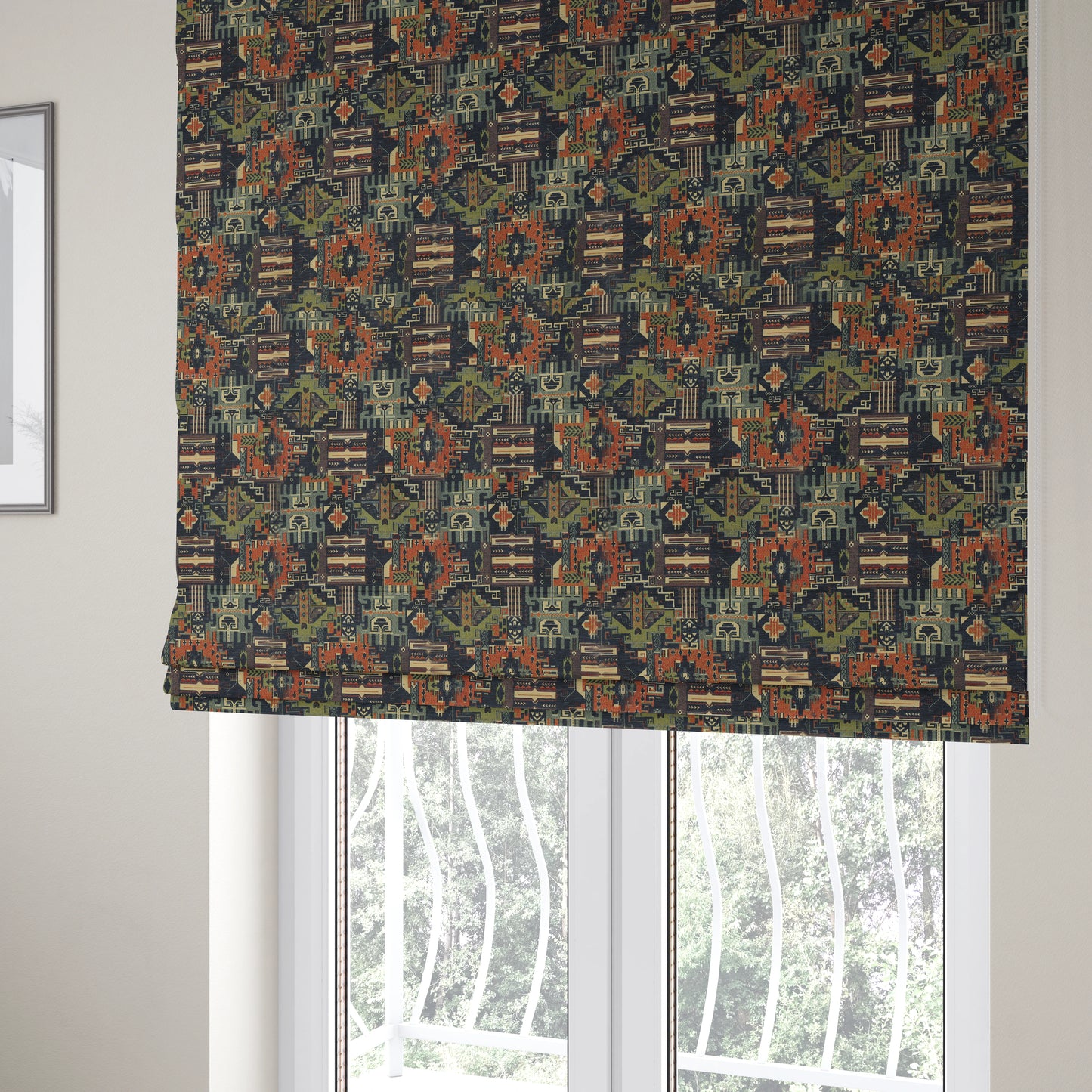 Zoque Kilim Tribal Theme Patchwork Intricate Pattern Navy Blue Colour Chenille Fabric JO-1447 - Roman Blinds