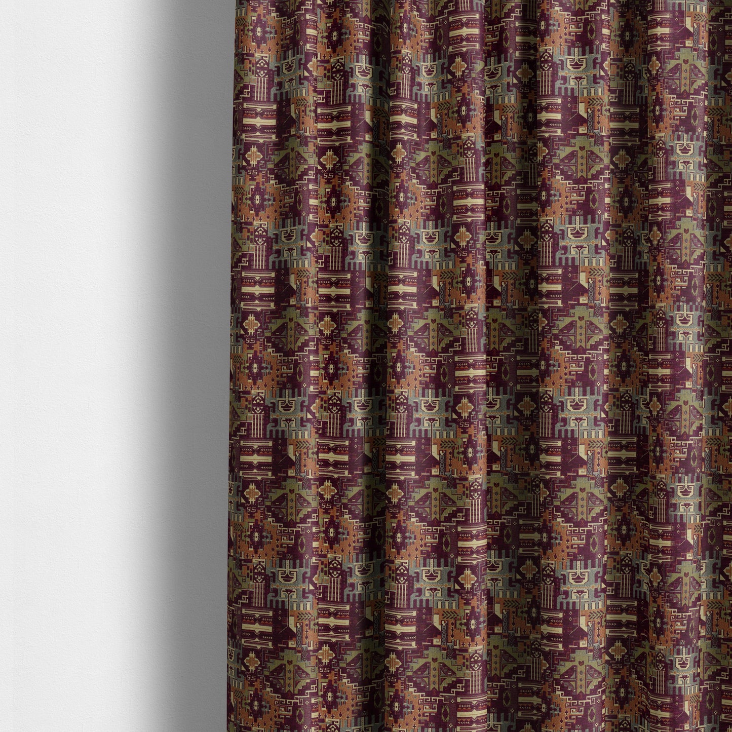 Zoque Kilim Tribal Theme Patchwork Intricate Pattern Purple Colour Chenille Fabric JO-1448 - Made To Measure Curtains