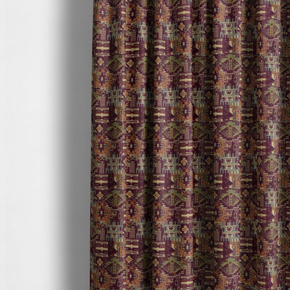 Zoque Kilim Tribal Theme Patchwork Intricate Pattern Purple Colour Chenille Fabric JO-1448 - Made To Measure Curtains