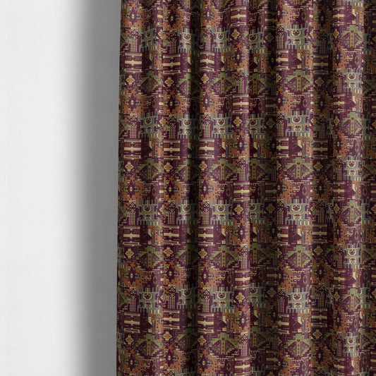 Zoque Kilim Tribal Theme Patchwork Intricate Pattern Purple Colour Chenille Fabric JO-1448 - Made To Measure Curtains