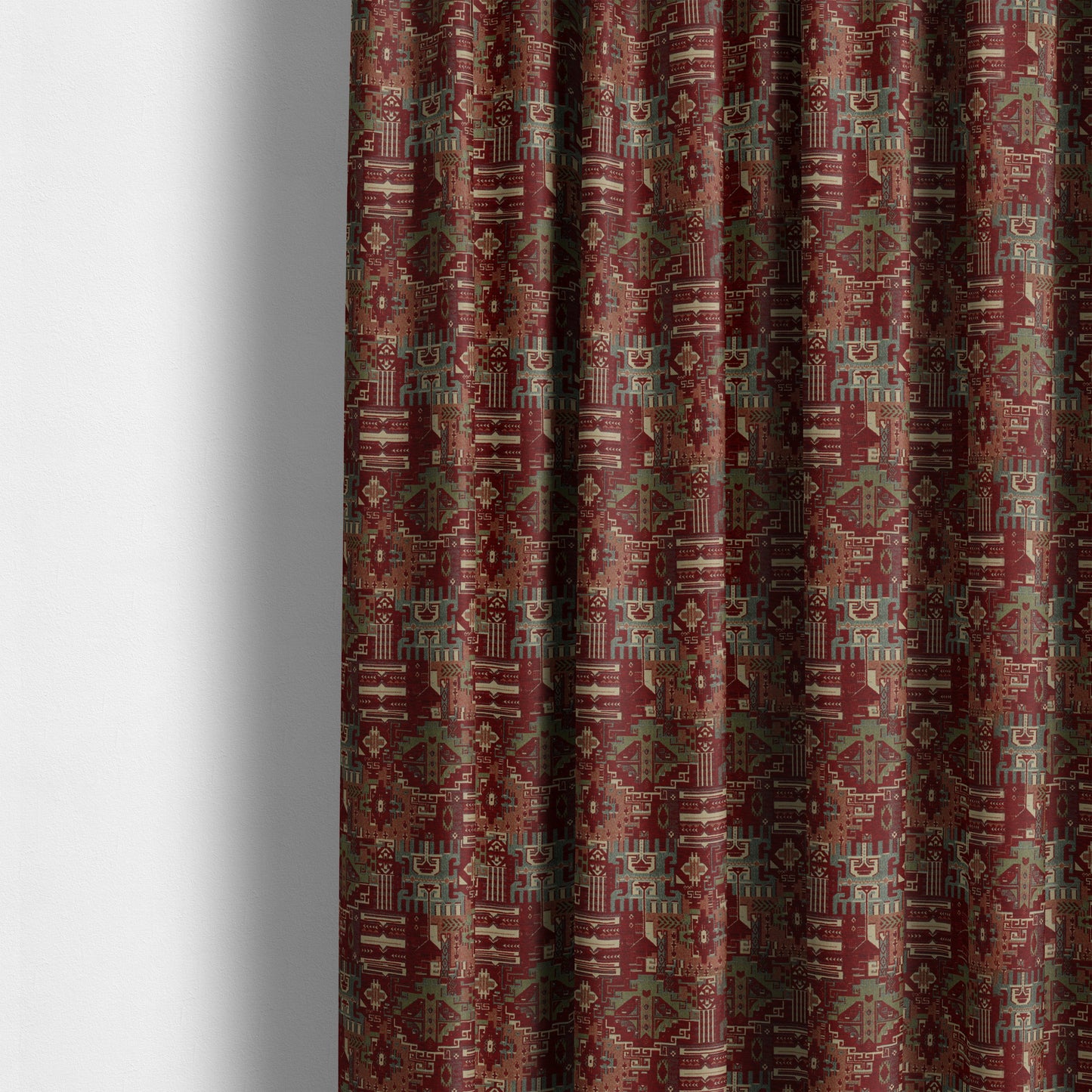 Zoque Kilim Tribal Theme Patchwork Intricate Pattern Red Colour Chenille Fabric JO-1450 - Made To Measure Curtains