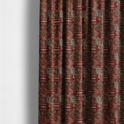 Zoque Kilim Tribal Theme Patchwork Intricate Pattern Red Colour Chenille Fabric JO-1450 - Made To Measure Curtains