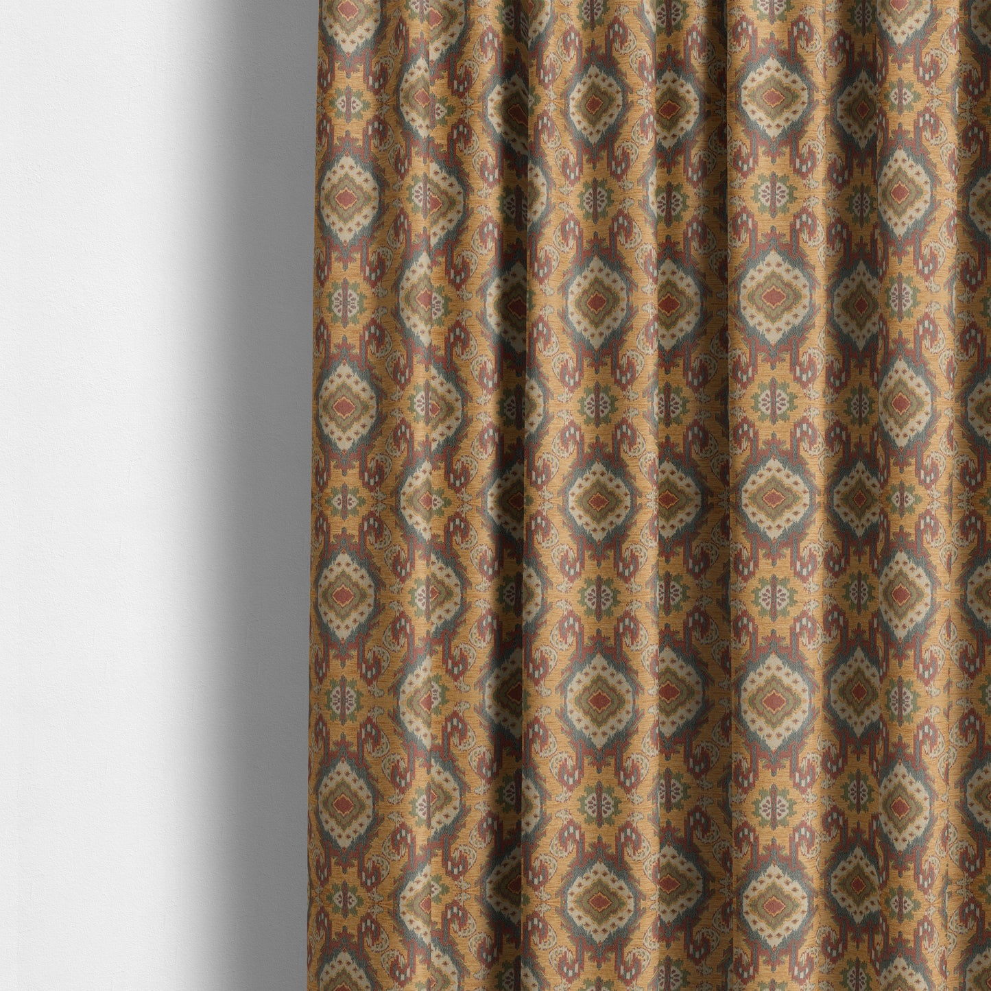 Mazahua Tribal Theme Damask Intricate Pattern Golden Orange Coloured Chenille Fabric JO-1454 - Made To Measure Curtains