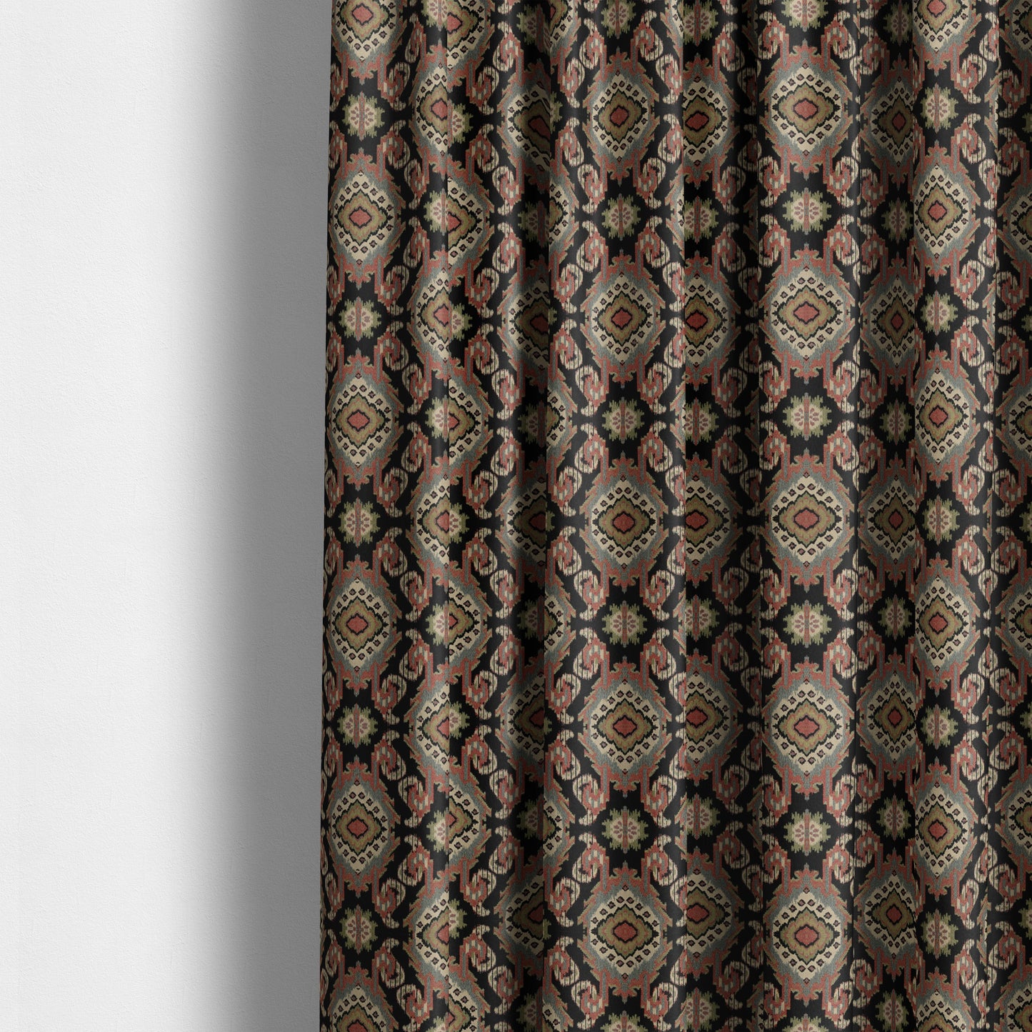 Mazahua Tribal Theme Damask Intricate Pattern Black Coloured Chenille Fabric JO-1455 - Made To Measure Curtains