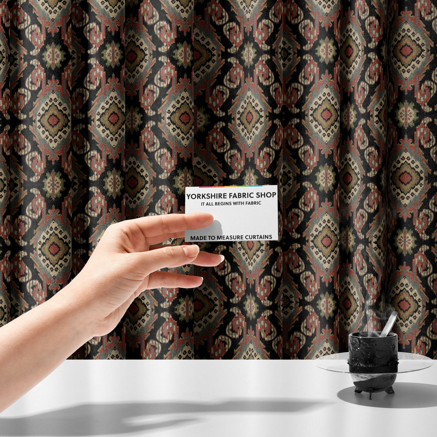 Mazahua Tribal Theme Damask Intricate Pattern Black Coloured Chenille Fabric JO-1455 - Made To Measure Curtains