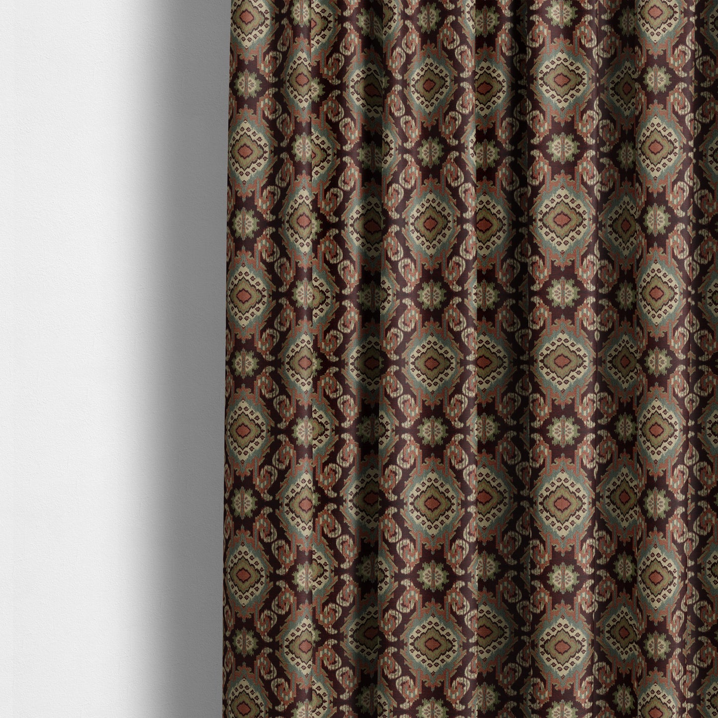 Mazahua Tribal Theme Damask Intricate Pattern Burgundy Coloured Chenille Fabric JO-1456 - Made To Measure Curtains