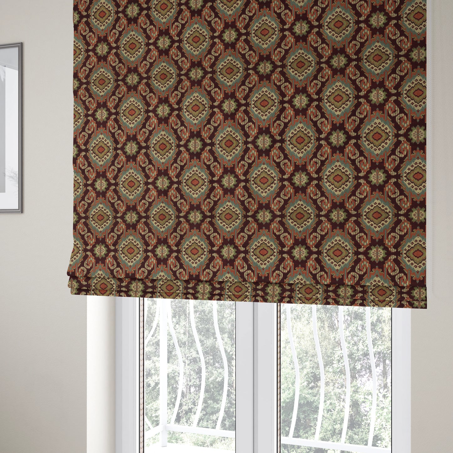 Mazahua Tribal Theme Damask Intricate Pattern Burgundy Coloured Chenille Fabric JO-1456 - Roman Blinds