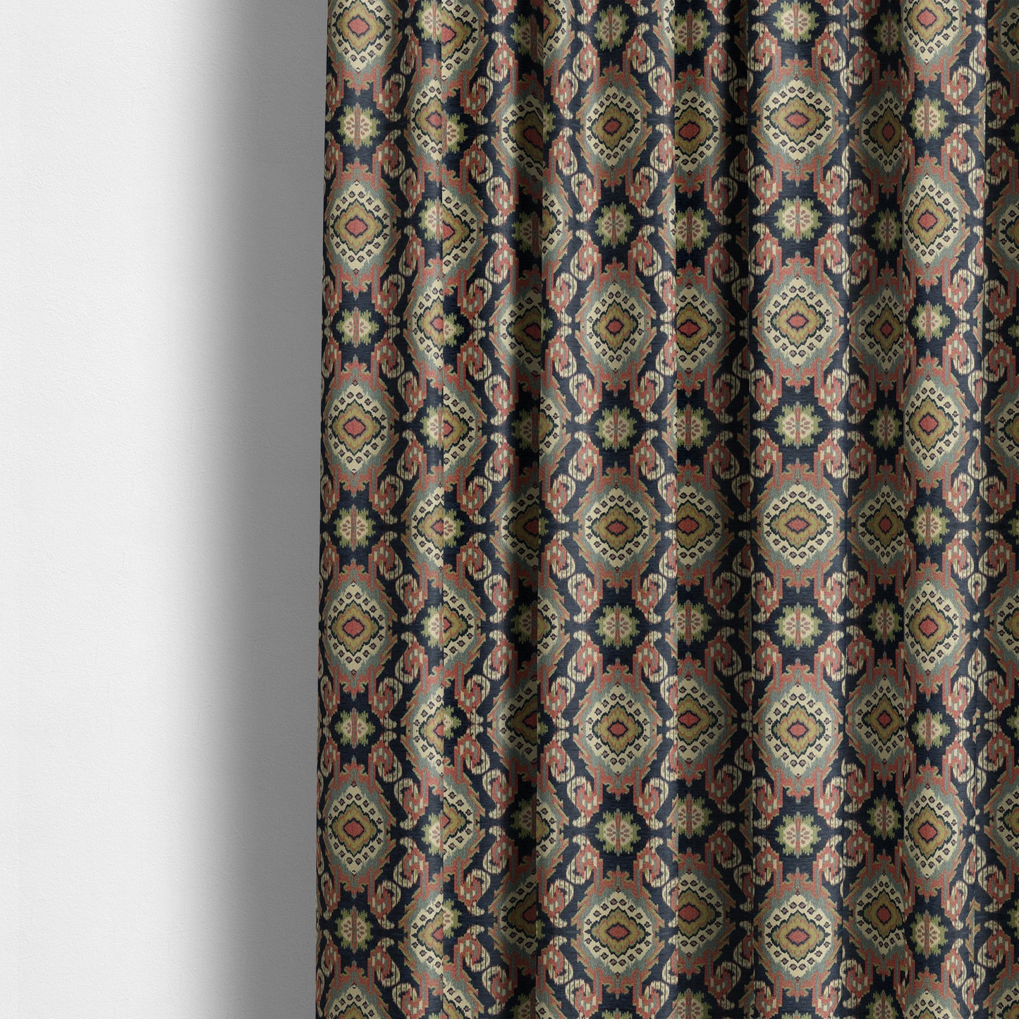 Mazahua Tribal Theme Damask Intricate Pattern Navy Blue Coloured Chenille Fabric JO-1457 - Made To Measure Curtains