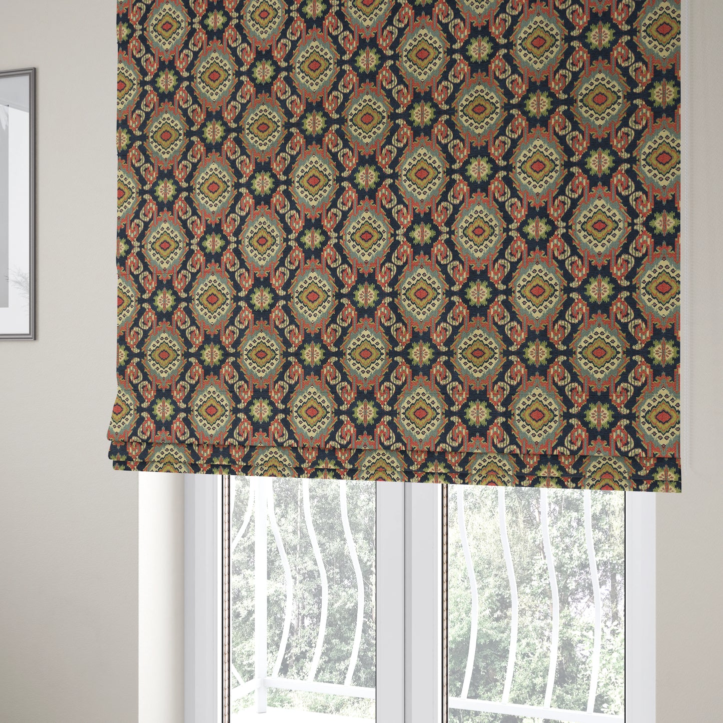 Mazahua Tribal Theme Damask Intricate Pattern Navy Blue Coloured Chenille Fabric JO-1457 - Roman Blinds