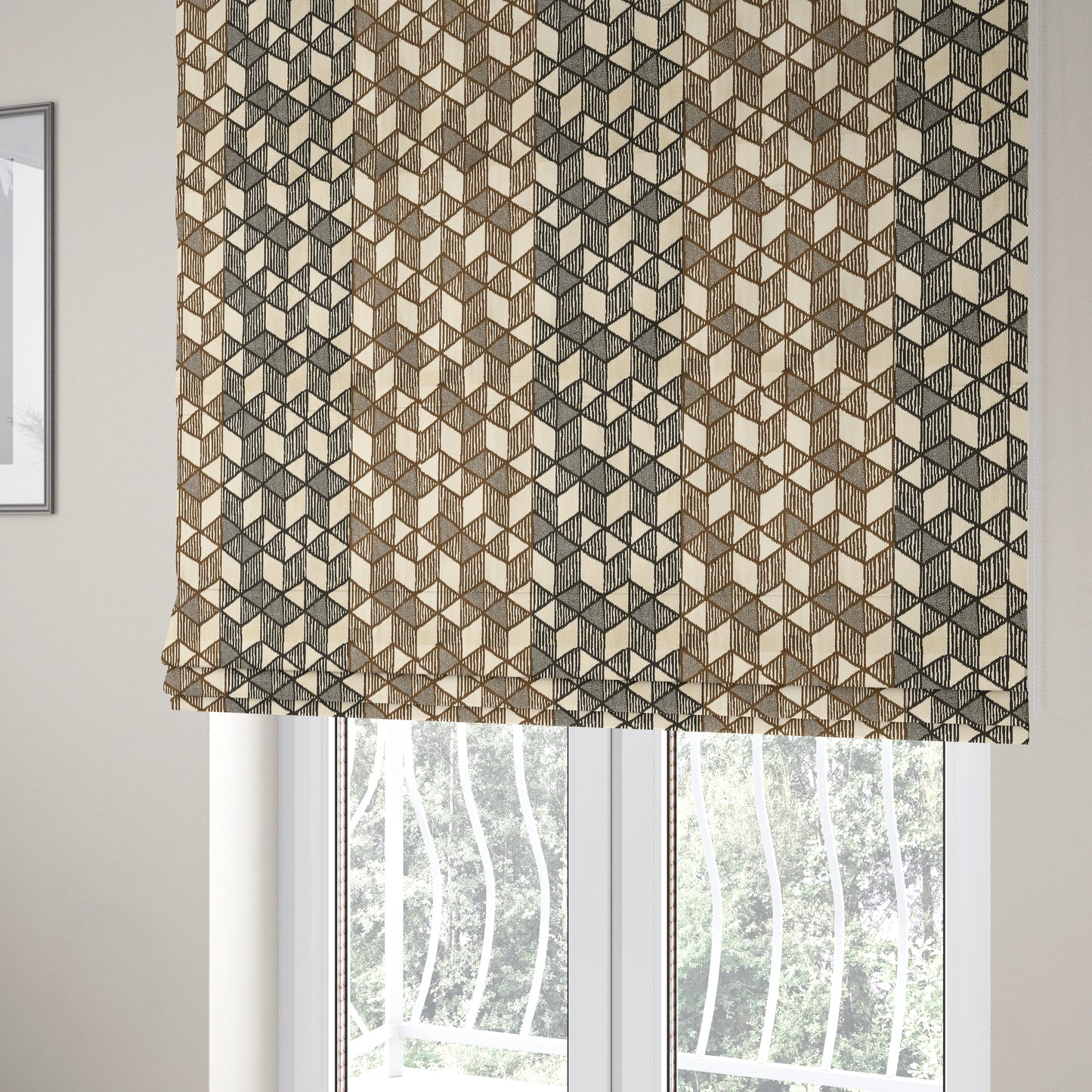 Geometric Triangles Cream Brown Black Colour Velvet Upholstery Fabric JO-15 - Roman Blinds