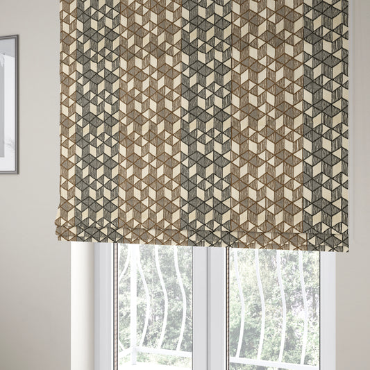 Geometric Triangles Cream Brown Black Colour Velvet Upholstery Fabric JO-15 - Roman Blinds