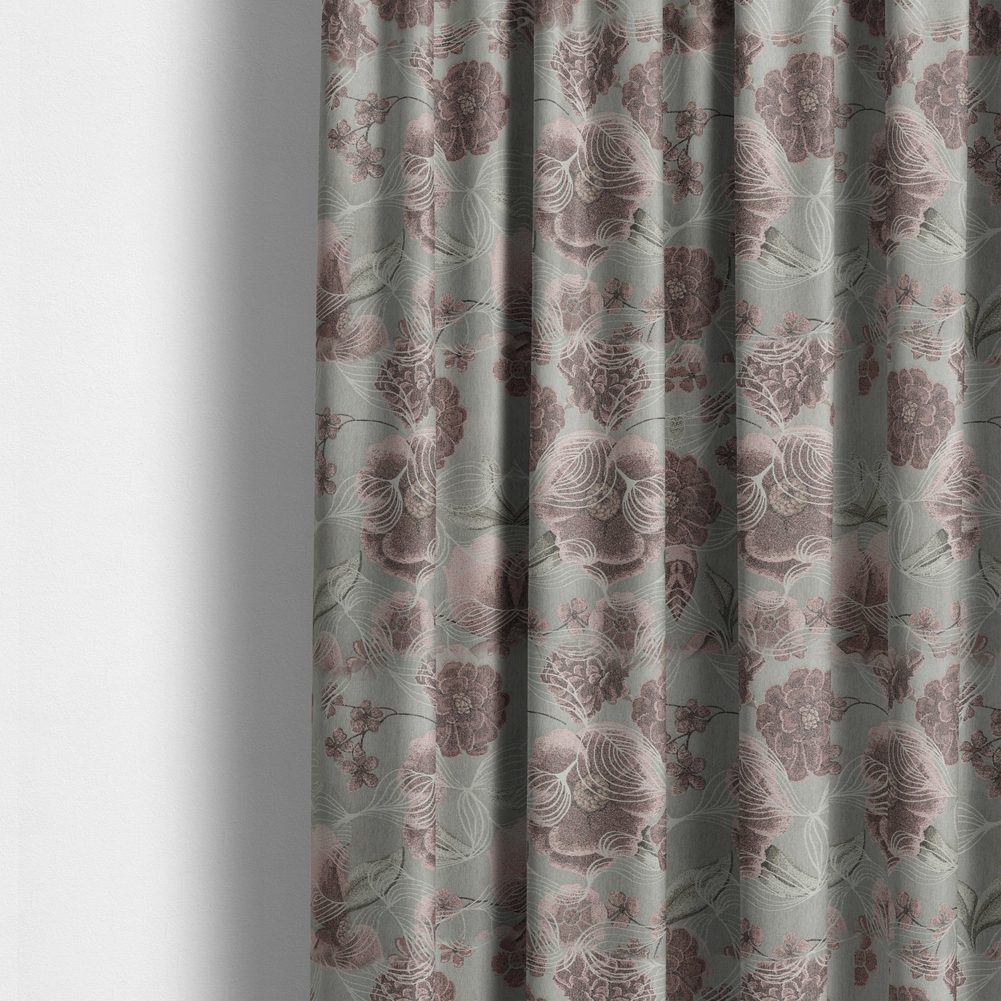 Anna Rose Grey Pink Coloured Floral Inspired Soft Chenille Fabric Material JO-157 - Made To Measure Curtains