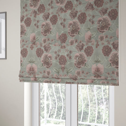 Anna Rose Grey Pink Coloured Floral Inspired Soft Chenille Fabric Material JO-157 - Roman Blinds