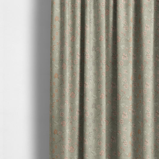 Anna Rose Grey Pink Coloured Small Floral Leaf Soft Chenille Fabric Material JO-168 - Made To Measure Curtains