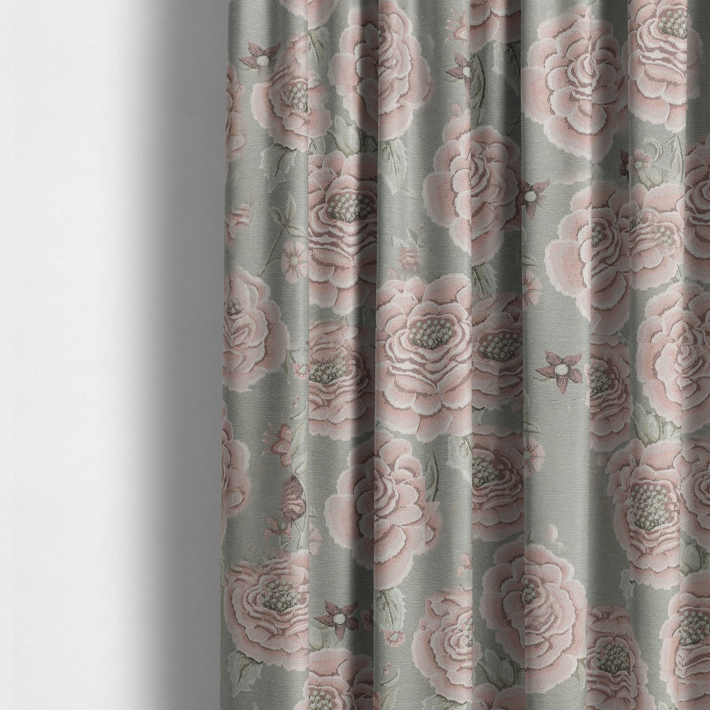 Anna Rose Grey Pink Colour Large Floral Leaf Soft Chenille Fabric JO-169 - Made To Measure Curtains