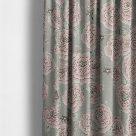 Anna Rose Grey Pink Colour Large Floral Leaf Soft Chenille Fabric JO-169 - Made To Measure Curtains