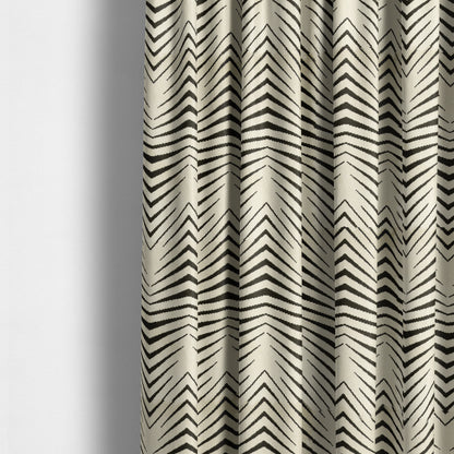 Geometric Thin Chevron Striped Cream Black Colour Pattern Velvet Upholstery Fabric JO-17 - Made To Measure Curtains