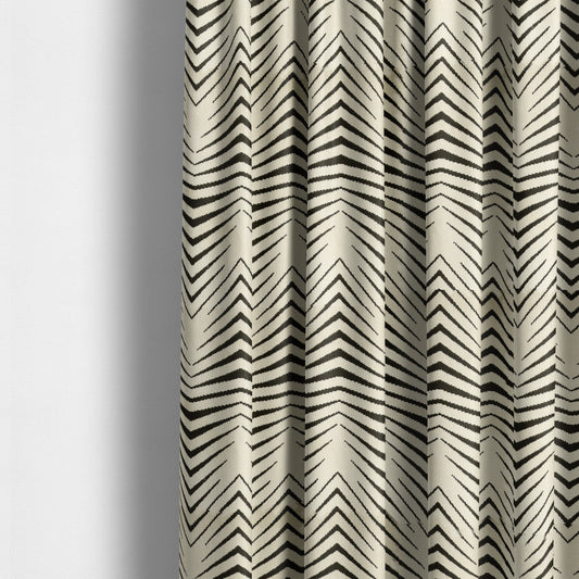 Geometric Thin Chevron Striped Cream Black Colour Pattern Velvet Upholstery Fabric JO-17 - Made To Measure Curtains