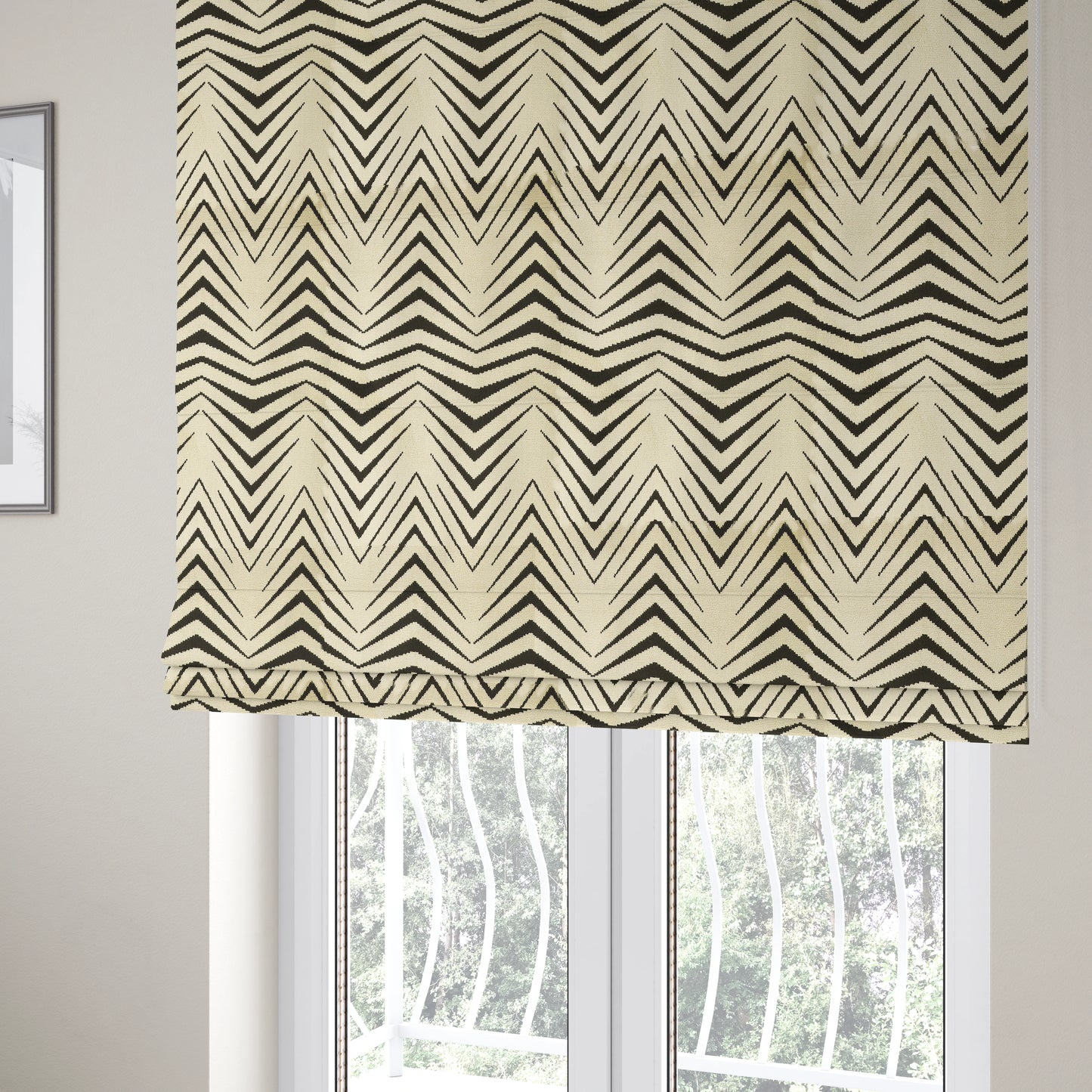 Geometric Thin Chevron Striped Cream Black Colour Pattern Velvet Upholstery Fabric JO-17 - Roman Blinds