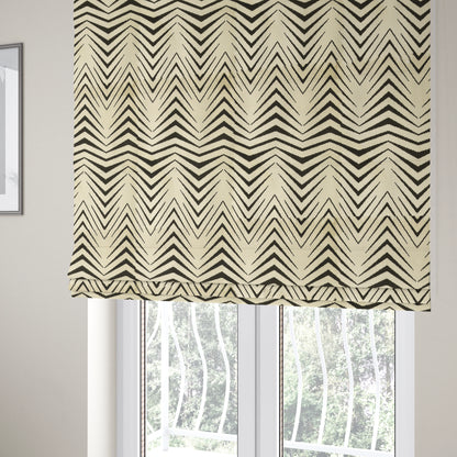 Geometric Thin Chevron Striped Cream Black Colour Pattern Velvet Upholstery Fabric JO-17 - Roman Blinds