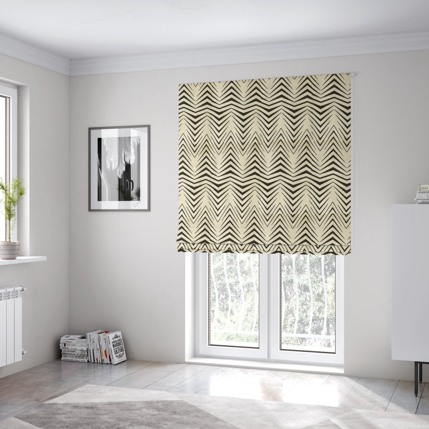 Geometric Thin Chevron Striped Cream Black Colour Pattern Velvet Upholstery Fabric JO-17 - Roman Blinds