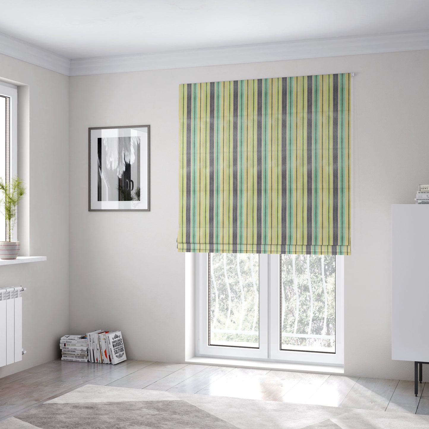 Ziani Cut Velvet Fabric In Striped Pattern Winter Yellow Teal Purple Grey Colour JO-184 - Roman Blinds