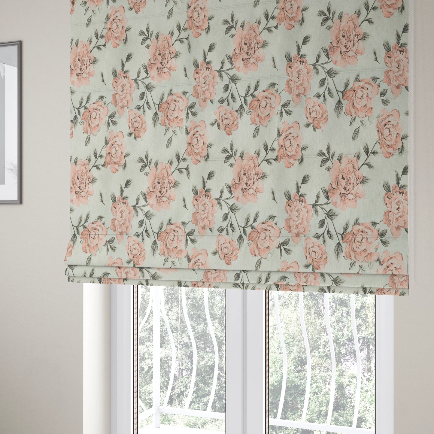 Floral Pattern Chenille Fabric In White Pink Colour JO-186 - Roman Blinds