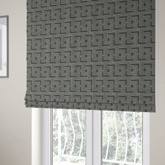 Vegas Silver Grey Shine Effect Geometric Maze Pattern Soft Chenille Upholstery Fabric JO-197 - Roman Blinds