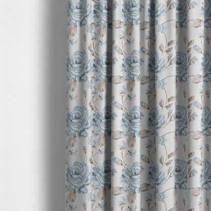 White Blue Colours Floral Flowers Inspired Pattern Soft Chenille Upholstery Fabric JO-205 - Made To Measure Curtains