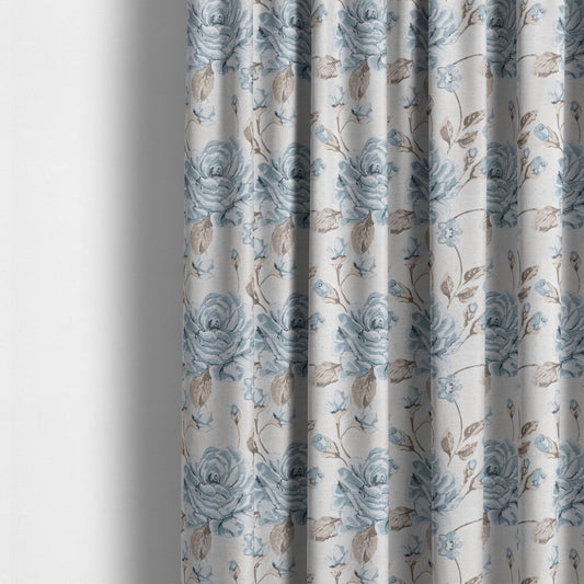 White Blue Colours Floral Flowers Inspired Pattern Soft Chenille Upholstery Fabric JO-205 - Made To Measure Curtains