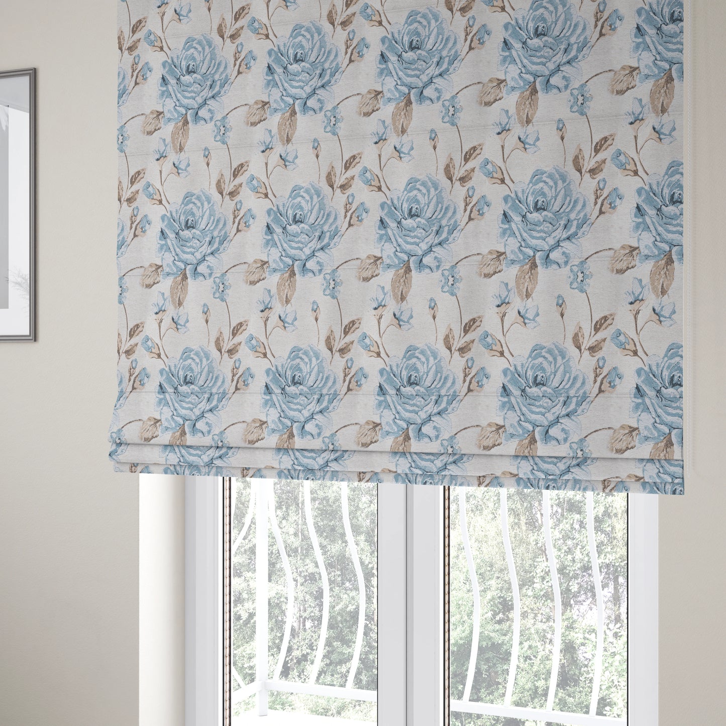 White Blue Colours Floral Flowers Inspired Pattern Soft Chenille Upholstery Fabric JO-205 - Roman Blinds