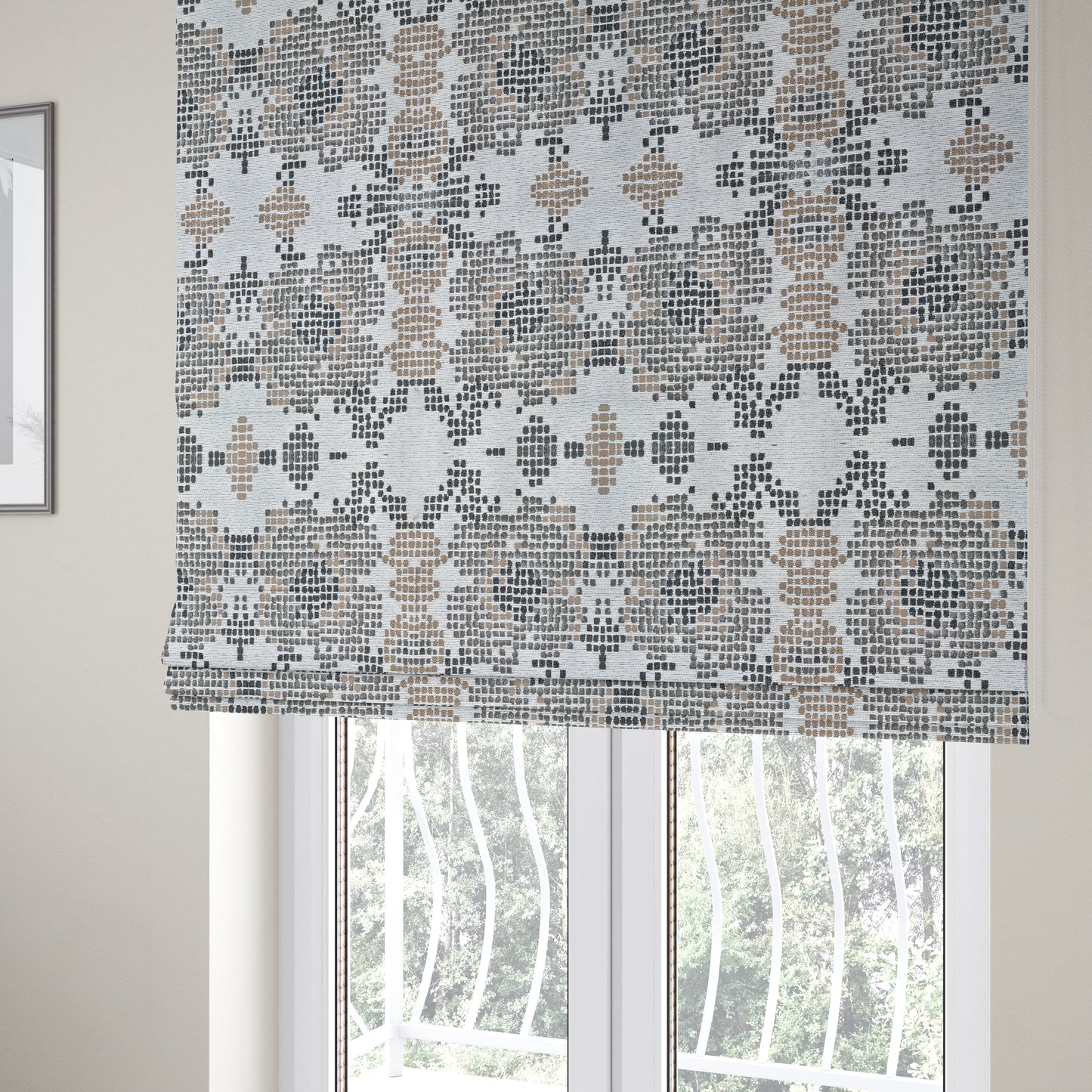 Reminiscence Floral Collection Brown Natural Colours Geometric Pattern Chenille Upholstery Fabric JO-207 - Roman Blinds